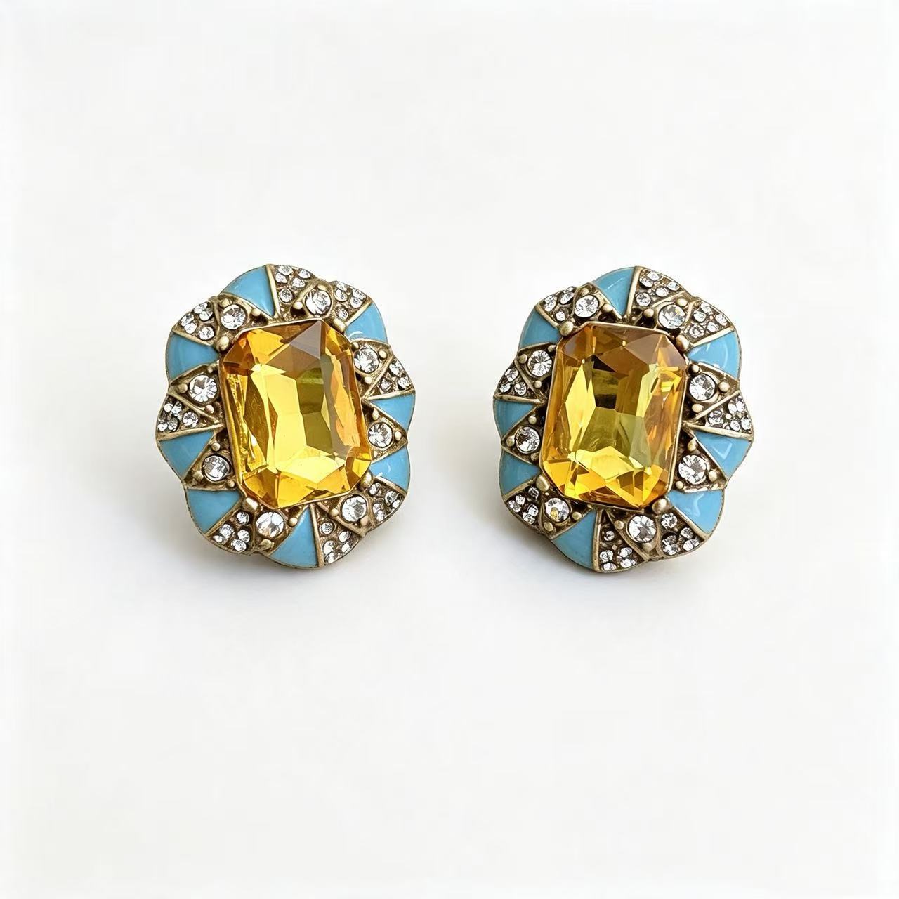 Square Blue Enamel Stud Earrings For Unisex Featuring Zinc Alloy With Rhinestones And 925 Sterling Silver Posts