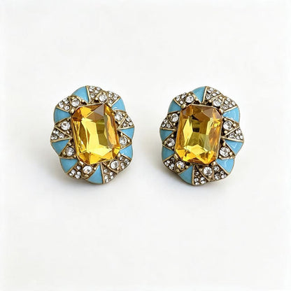 Square Blue Enamel Stud Earrings For Unisex Featuring Zinc Alloy With Rhinestones And 925 Sterling Silver Posts