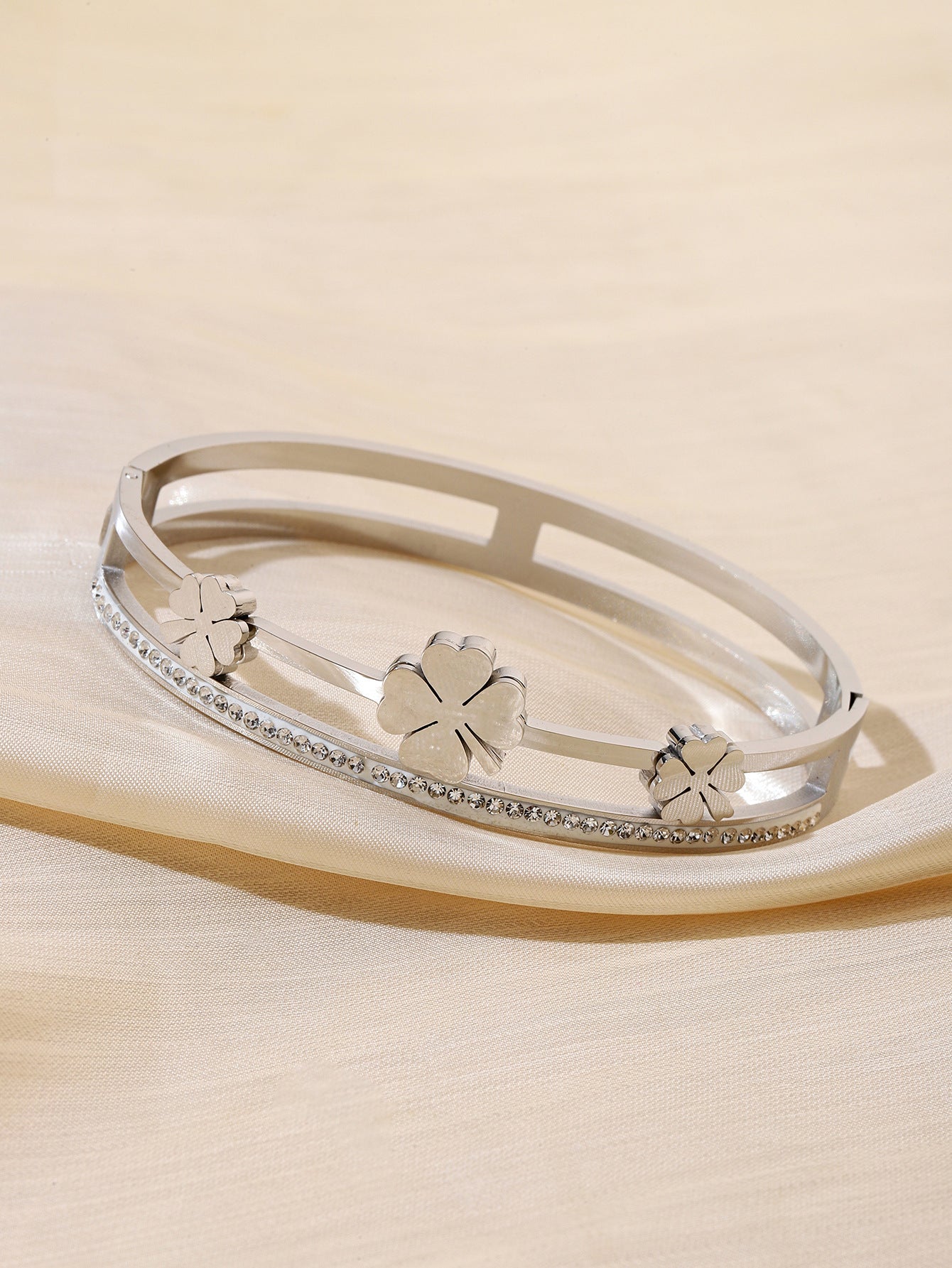Double Ring Titanium Steel Bangle With Rhinestone Inlay, Electroplated Finish, Simple Style