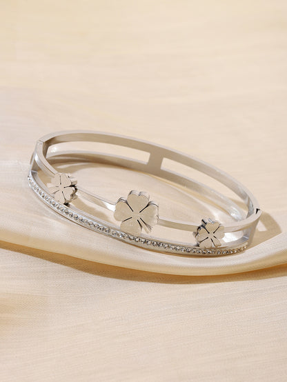 Double Ring Titanium Steel Bangle With Rhinestone Inlay, Electroplated Finish, Simple Style