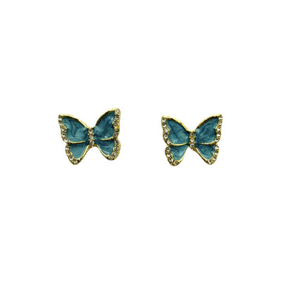 Butterfly Clip Earrings For Women With Green Enamel And Rhinestone Inlay In Alloy