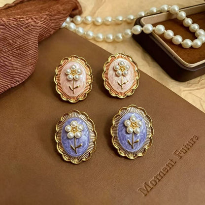 Natural Pink Enamel Flowers Stud Earrings For Unisex Featuring 925 Sterling Silver Ear Pins And Zinc Alloy Material