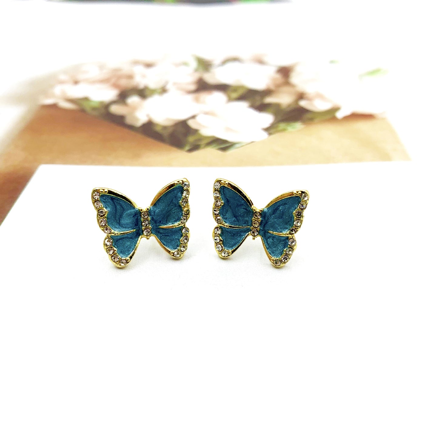 Butterfly Clip Earrings For Women With Green Enamel And Rhinestone Inlay In Alloy