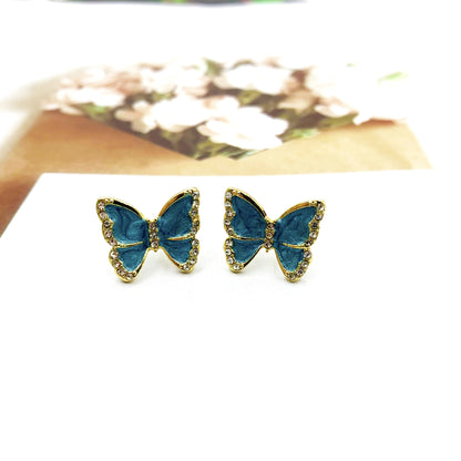 Butterfly Clip Earrings For Women With Green Enamel And Rhinestone Inlay In Alloy
