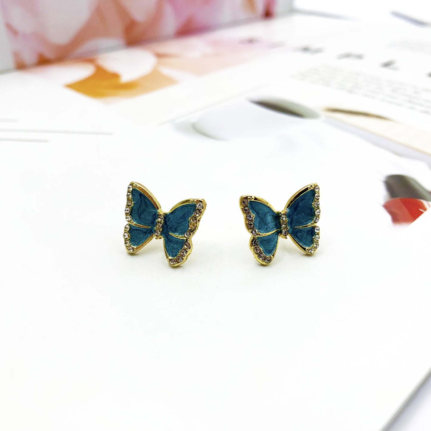Butterfly Clip Earrings For Women With Green Enamel And Rhinestone Inlay In Alloy