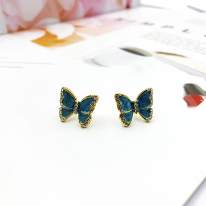 Butterfly Clip Earrings For Women With Green Enamel And Rhinestone Inlay In Alloy