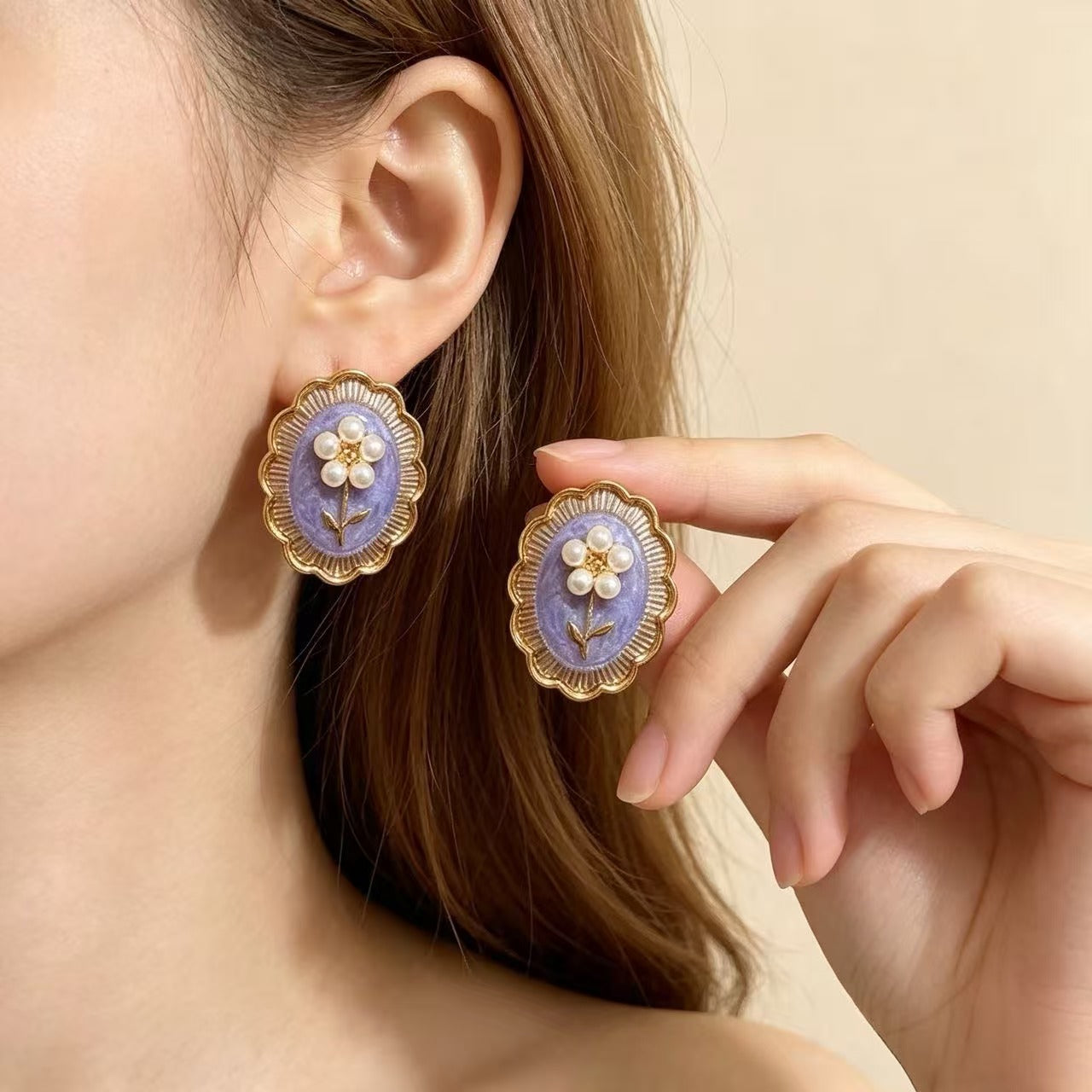 Natural Pink Enamel Flowers Stud Earrings For Unisex Featuring 925 Sterling Silver Ear Pins And Zinc Alloy Material