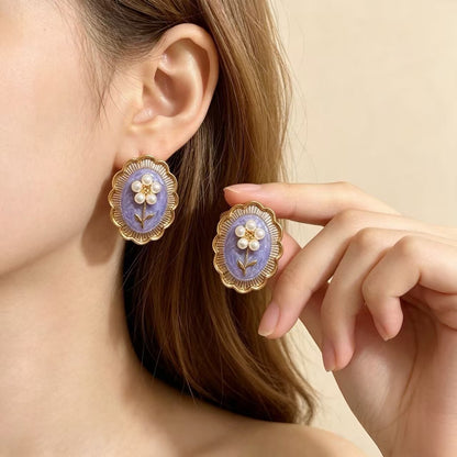 Natural Pink Enamel Flowers Stud Earrings For Unisex Featuring 925 Sterling Silver Ear Pins And Zinc Alloy Material