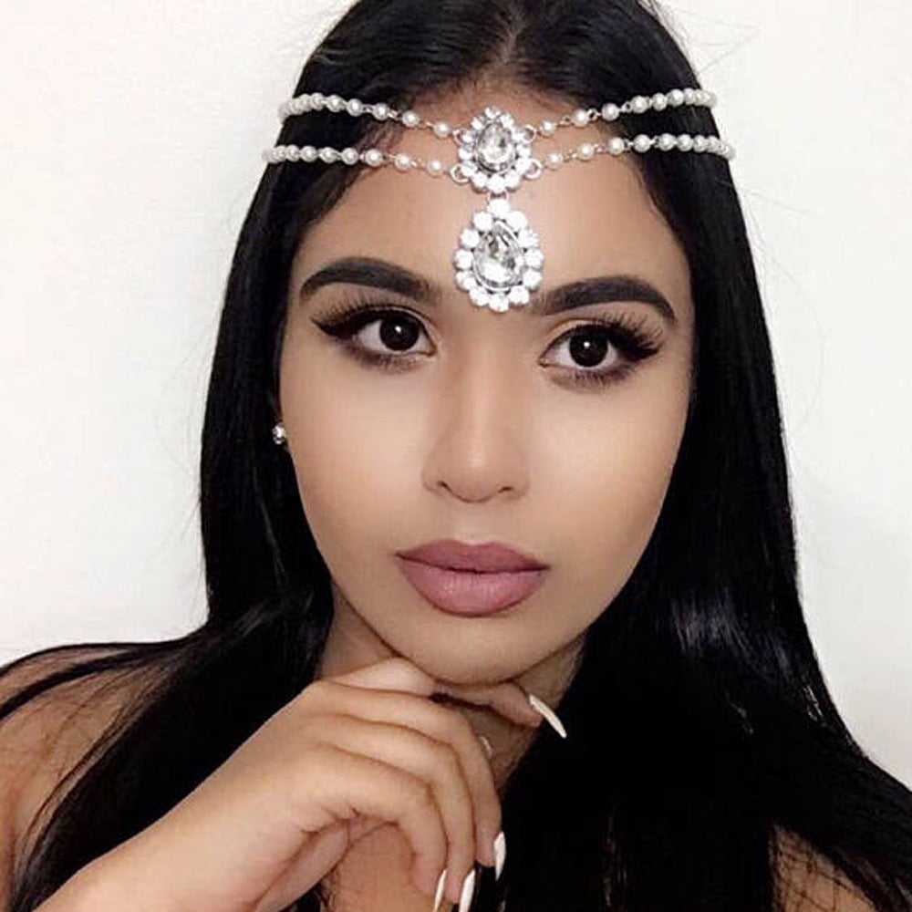 Ethnic Style Pearl Hair Chain Insert Comb For Women With Rhinestones In Silver
