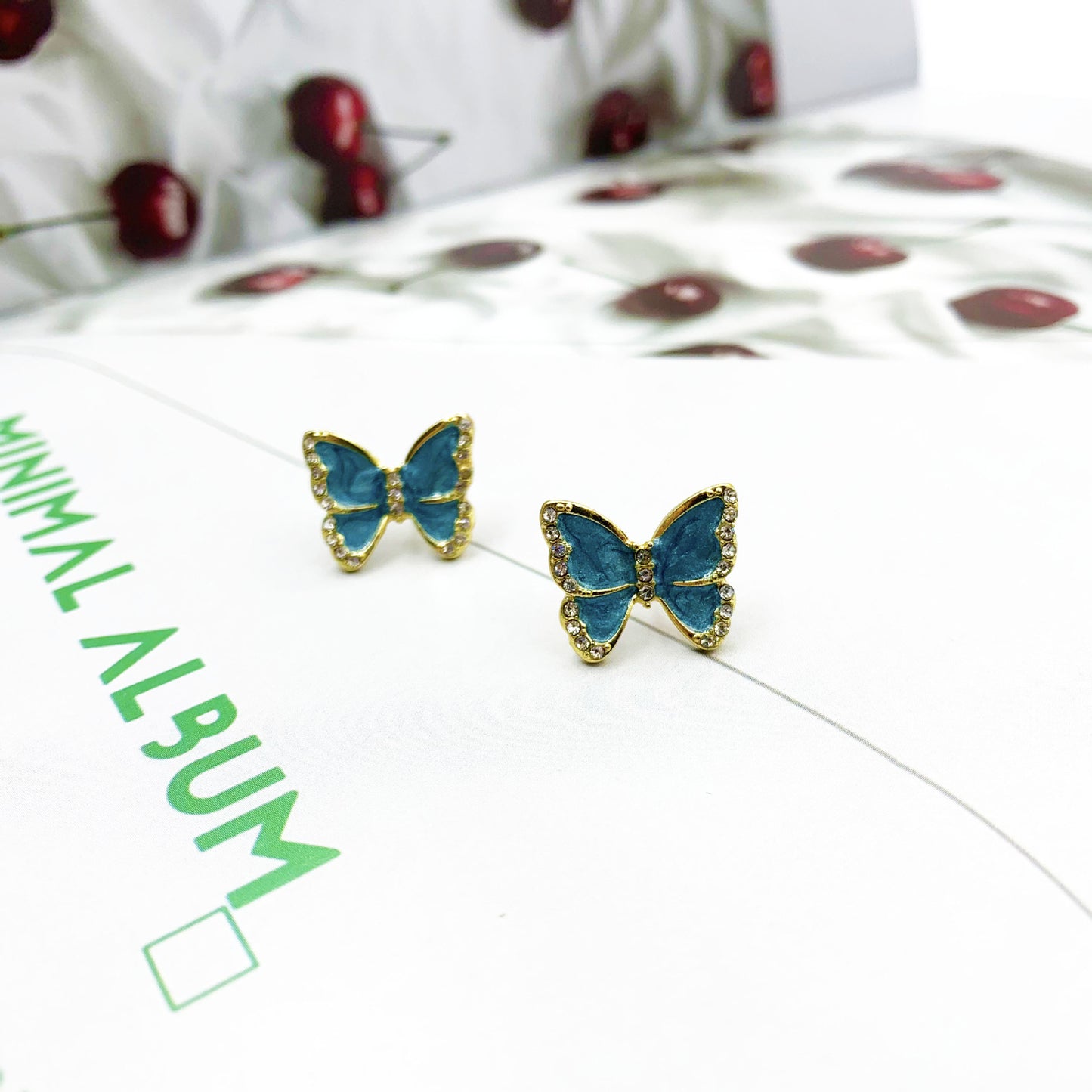 Butterfly Clip Earrings For Women With Green Enamel And Rhinestone Inlay In Alloy