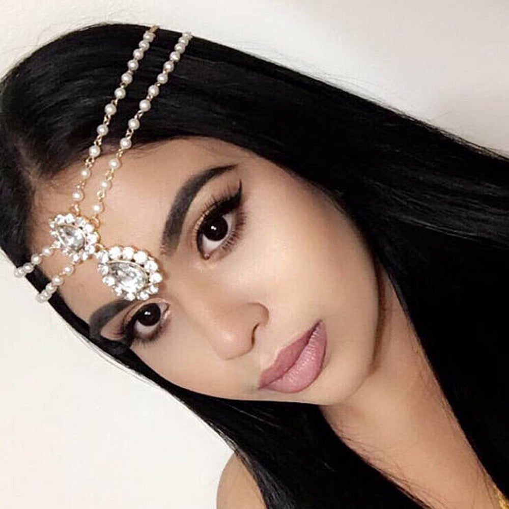 Ethnic Style Pearl Hair Chain Insert Comb For Women With Rhinestones In Silver