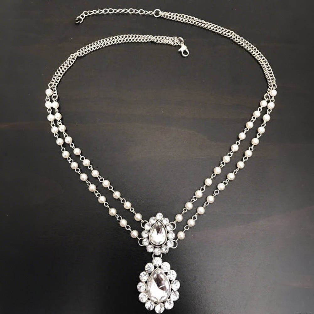 Ethnic Style Pearl Hair Chain Insert Comb For Women With Rhinestones In Silver