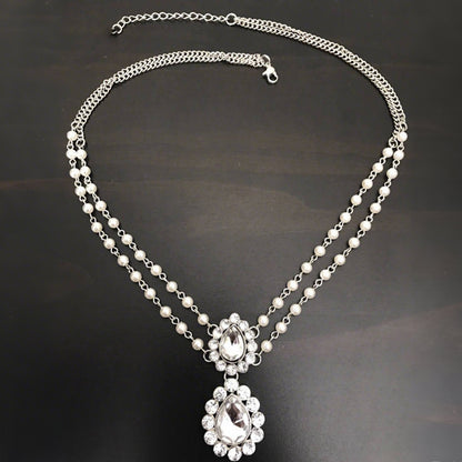 Ethnic Style Pearl Hair Chain Insert Comb For Women With Rhinestones In Silver