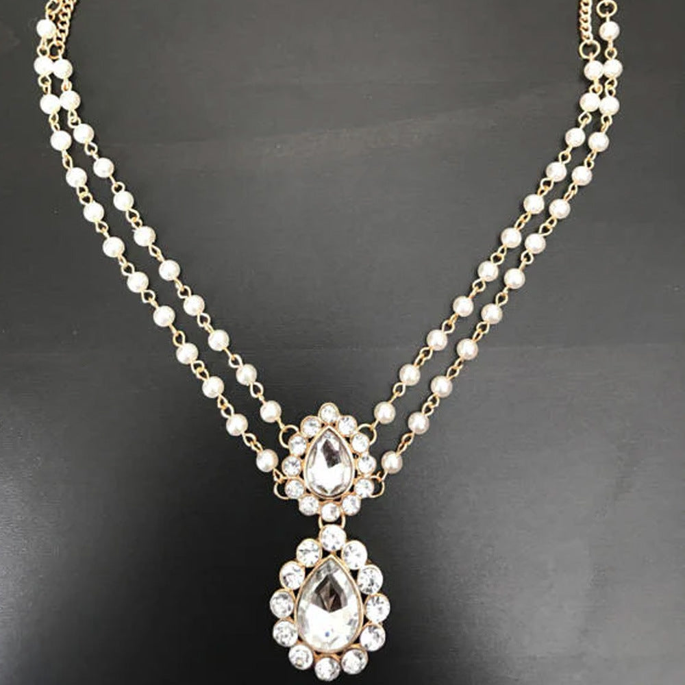 Ethnic Style Pearl Hair Chain Insert Comb For Women With Rhinestones In Silver