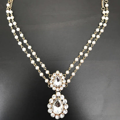 Ethnic Style Pearl Hair Chain Insert Comb For Women With Rhinestones In Silver