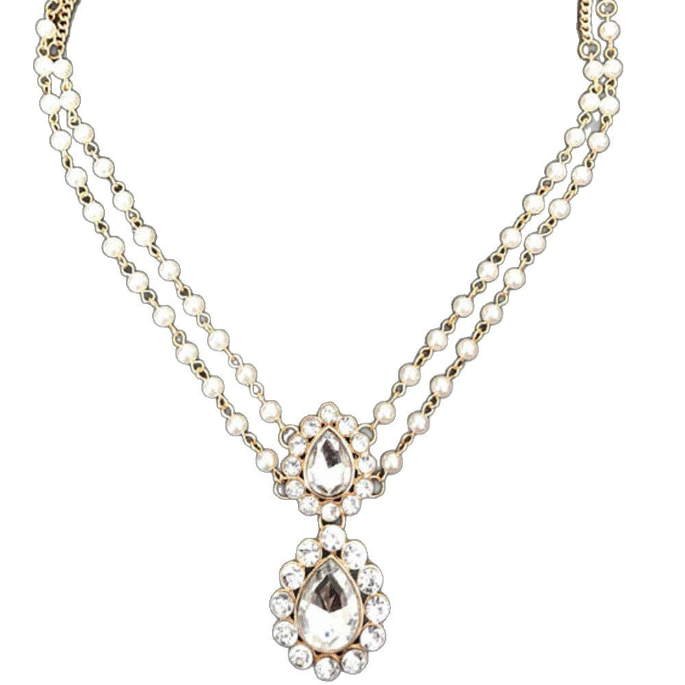 Ethnic Style Pearl Hair Chain Insert Comb For Women With Rhinestones In Silver