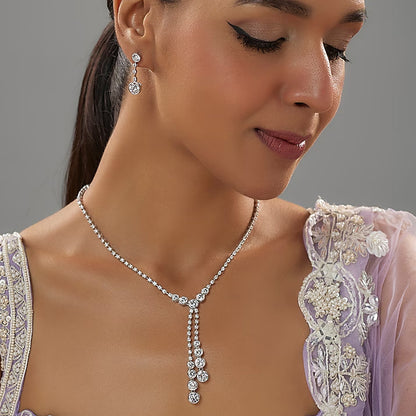 Heart Shape Jewelry Set For Women In Silver Alloy With Rhinestones And Tassel Design