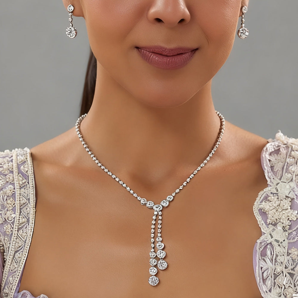 Heart Shape Jewelry Set For Women In Silver Alloy With Rhinestones And Tassel Design