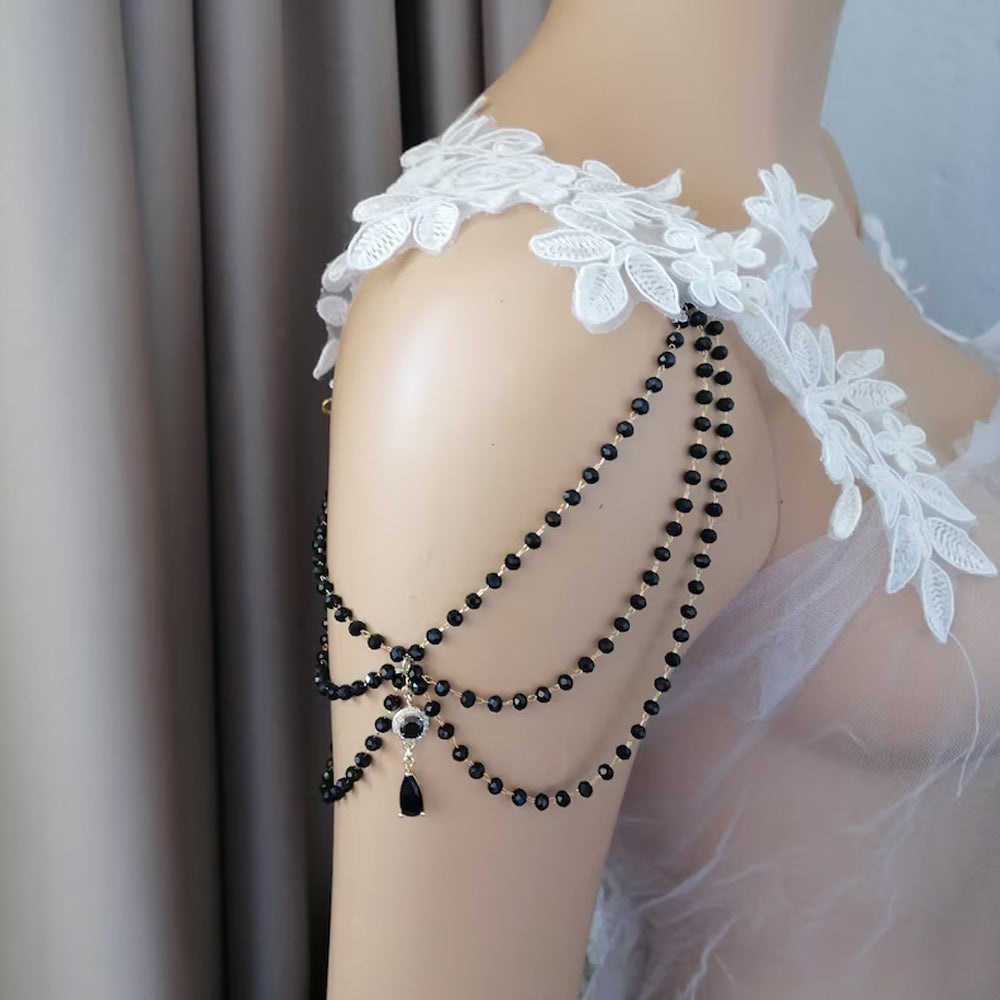 Water Droplets Body Chain For Women In Dyed Black Alloy With Crystal Inlay, Perfect For Wedding Accessories