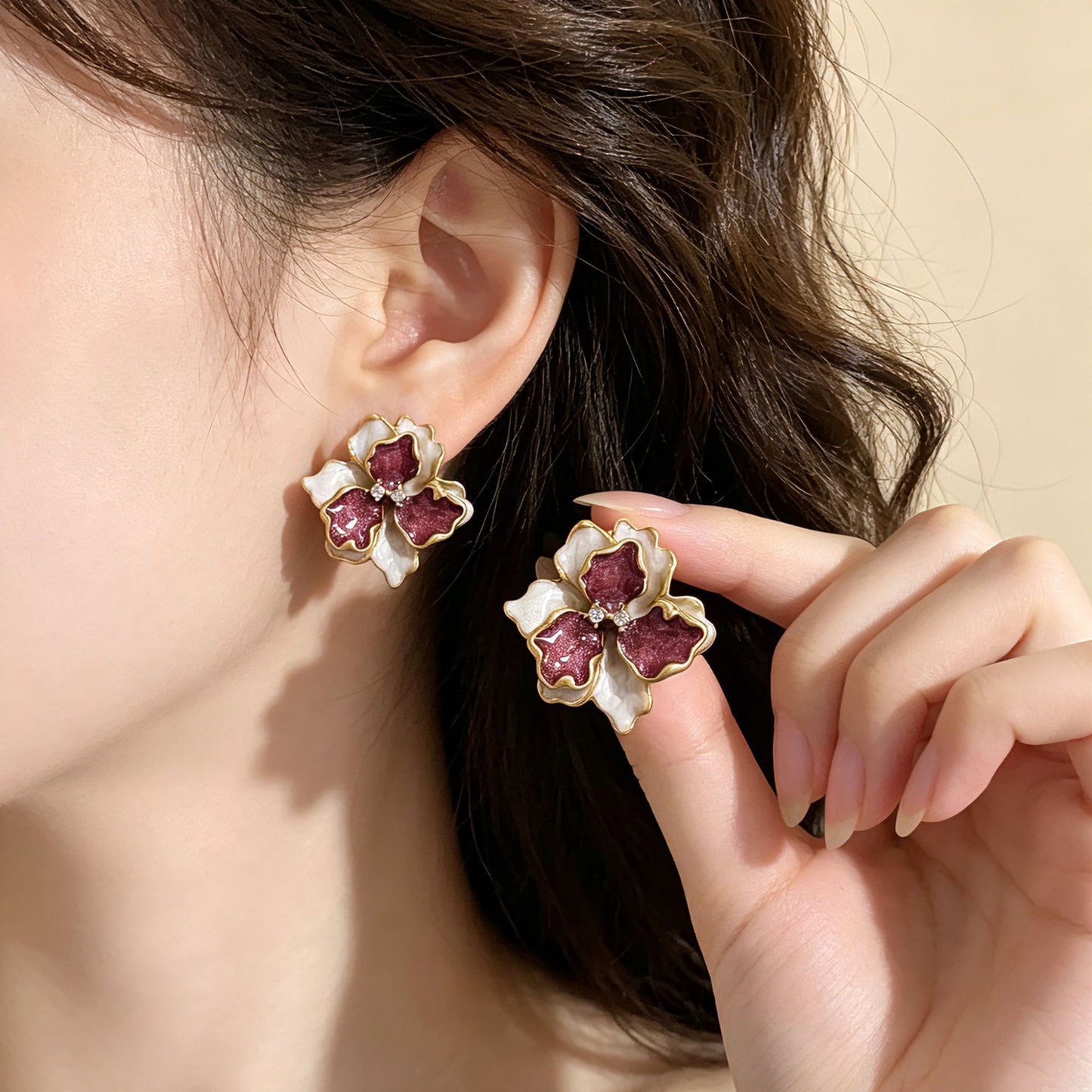 Fuchsia Enamel Flowers Stud Earrings For Unisex Featuring Zinc Alloy With Rhinestones And 925 Sterling Silver Posts