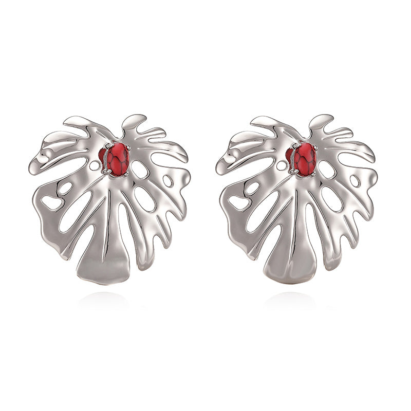 IG Style Leaf Stud Earrings With Zircon Inlay, Copper Base Featuring 18K Real Gold Water Plating