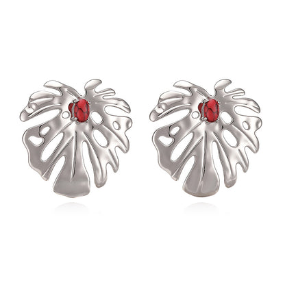 IG Style Leaf Stud Earrings With Zircon Inlay, Copper Base Featuring 18K Real Gold Water Plating