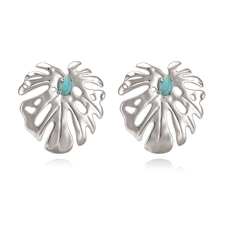 IG Style Leaf Stud Earrings With Zircon Inlay, Copper Base Featuring 18K Real Gold Water Plating
