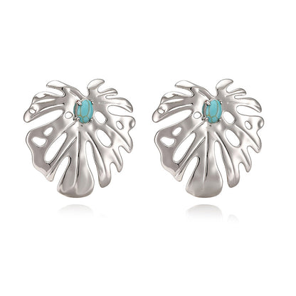 IG Style Leaf Stud Earrings With Zircon Inlay, Copper Base Featuring 18K Real Gold Water Plating