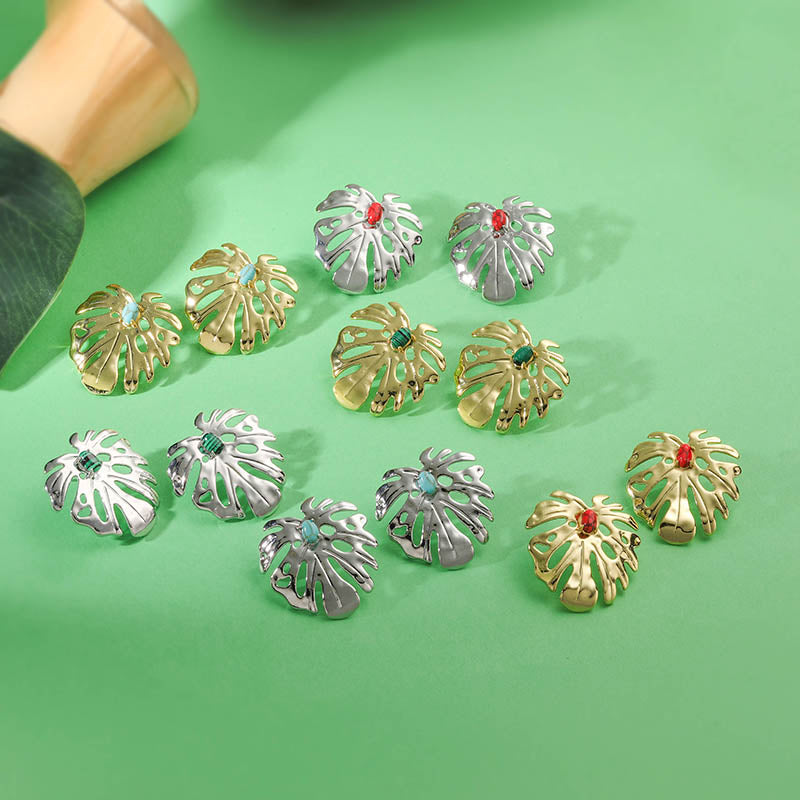 IG Style Leaf Stud Earrings With Zircon Inlay, Copper Base Featuring 18K Real Gold Water Plating