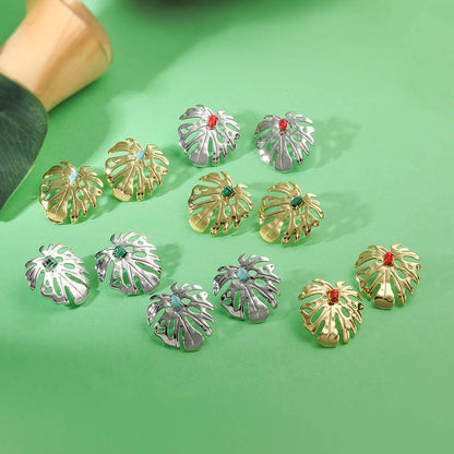 IG Style Leaf Stud Earrings With Zircon Inlay, Copper Base Featuring 18K Real Gold Water Plating