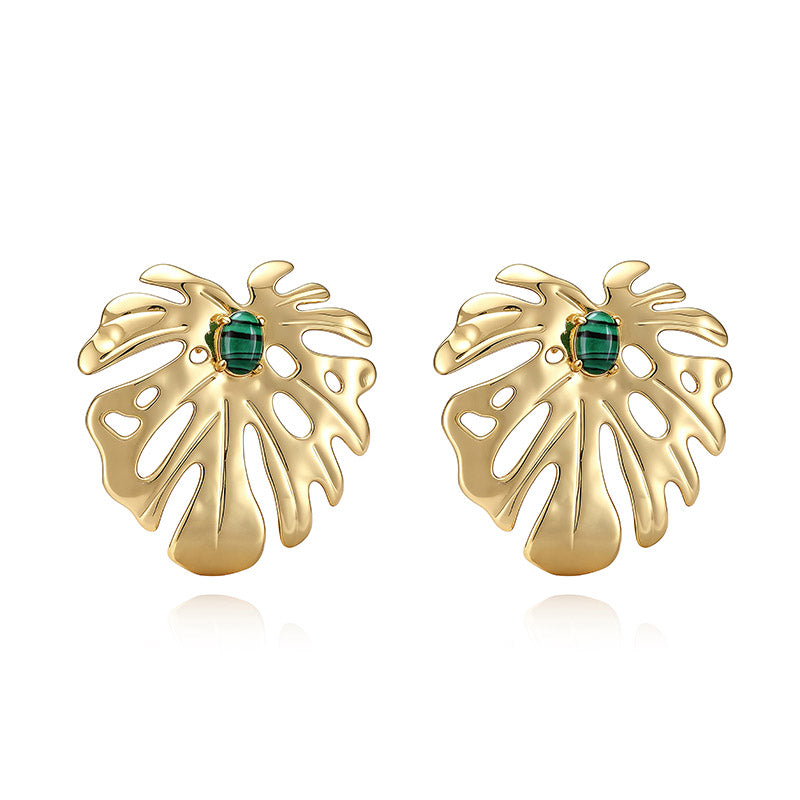 IG Style Leaf Stud Earrings With Zircon Inlay, Copper Base Featuring 18K Real Gold Water Plating