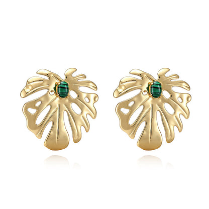 IG Style Leaf Stud Earrings With Zircon Inlay, Copper Base Featuring 18K Real Gold Water Plating