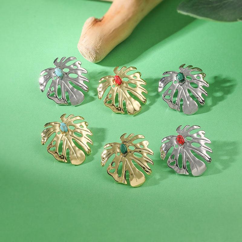 IG Style Leaf Stud Earrings With Zircon Inlay, Copper Base Featuring 18K Real Gold Water Plating