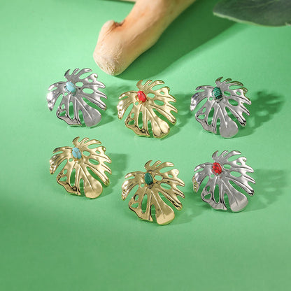 IG Style Leaf Stud Earrings With Zircon Inlay, Copper Base Featuring 18K Real Gold Water Plating