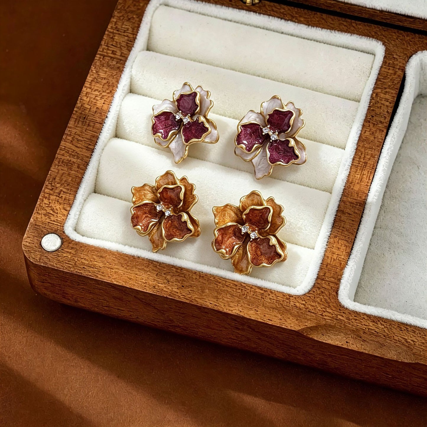 Fuchsia Enamel Flowers Stud Earrings For Unisex Featuring Zinc Alloy With Rhinestones And 925 Sterling Silver Posts