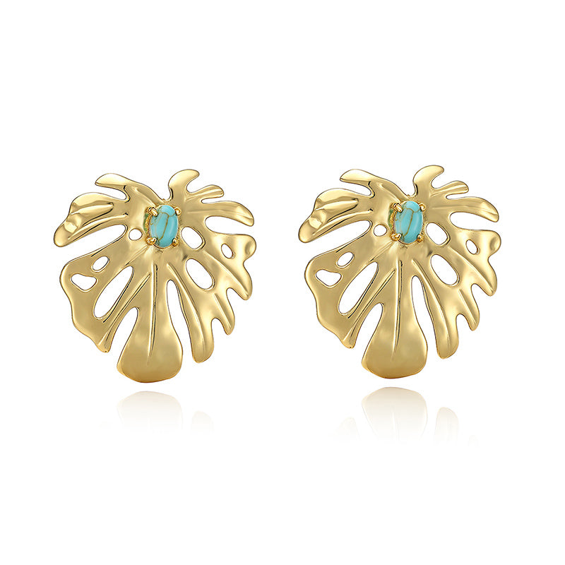 IG Style Leaf Stud Earrings With Zircon Inlay, Copper Base Featuring 18K Real Gold Water Plating