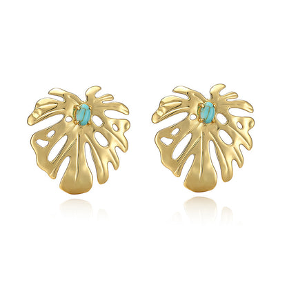 IG Style Leaf Stud Earrings With Zircon Inlay, Copper Base Featuring 18K Real Gold Water Plating