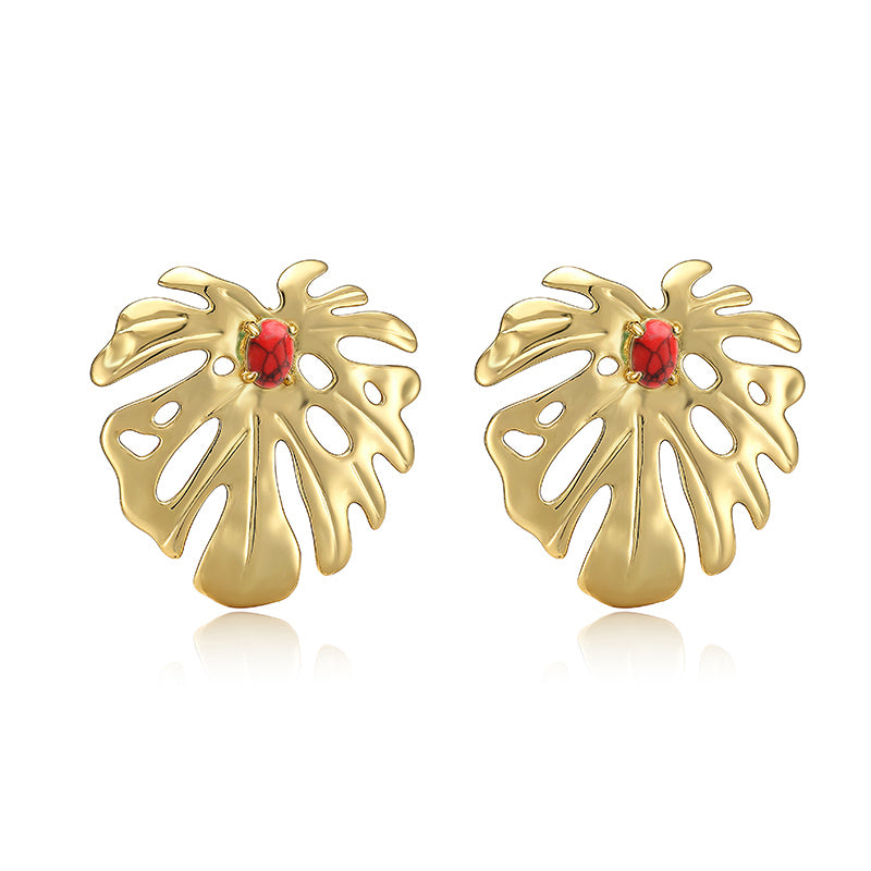 IG Style Leaf Stud Earrings With Zircon Inlay, Copper Base Featuring 18K Real Gold Water Plating