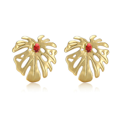 IG Style Leaf Stud Earrings With Zircon Inlay, Copper Base Featuring 18K Real Gold Water Plating