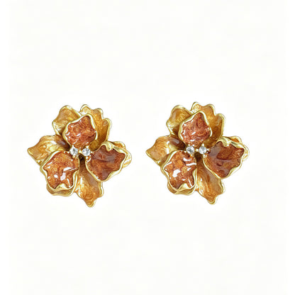 Fuchsia Enamel Flowers Stud Earrings For Unisex Featuring Zinc Alloy With Rhinestones And 925 Sterling Silver Posts