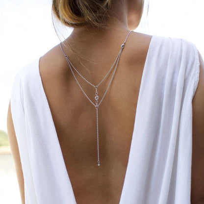 Silver Alloy Tassel Chain Necklace For Women Featuring Geometric Pattern And Electroplated Finish With Rhinestones Inlay
