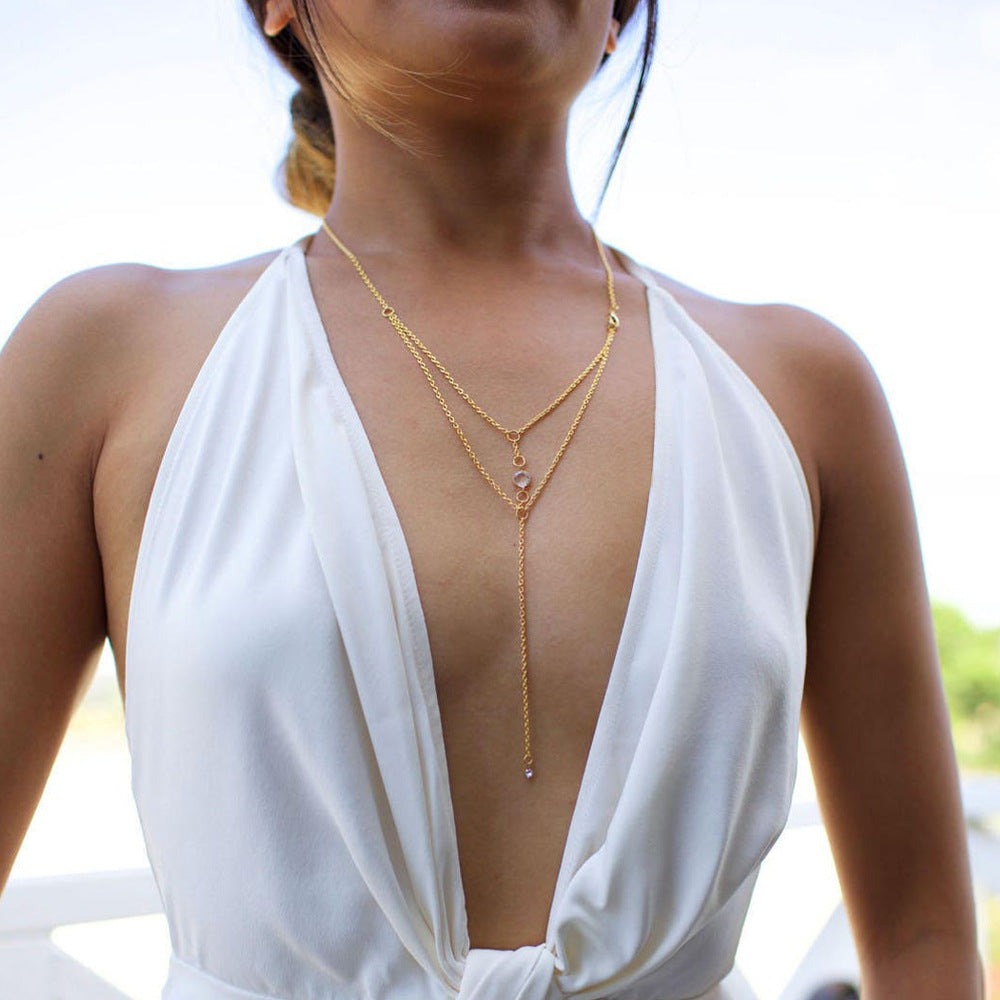 Silver Alloy Tassel Chain Necklace For Women Featuring Geometric Pattern And Electroplated Finish With Rhinestones Inlay
