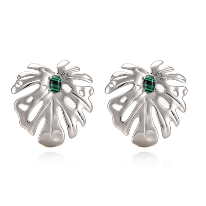 IG Style Leaf Stud Earrings With Zircon Inlay, Copper Base Featuring 18K Real Gold Water Plating