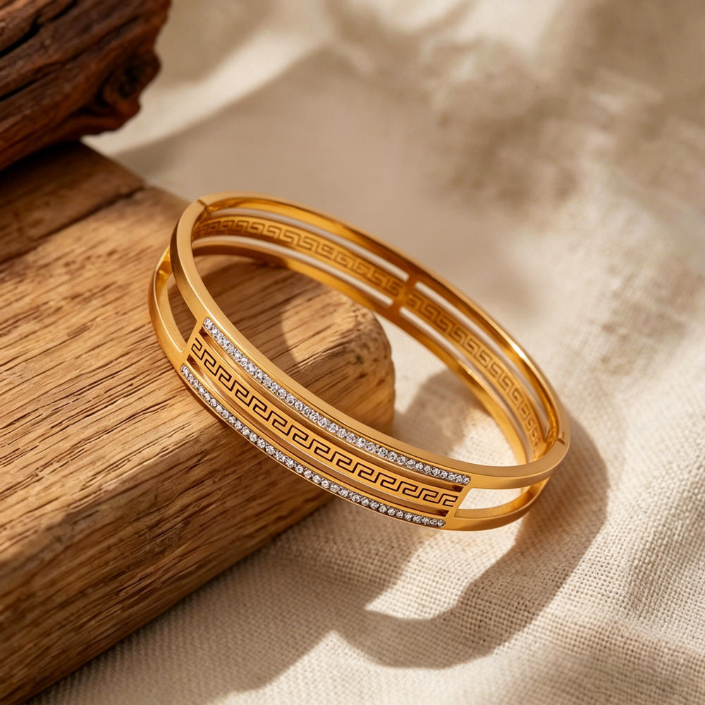 Simple Style Stripe Inlay Titanium Steel Bangle For Women In Gold