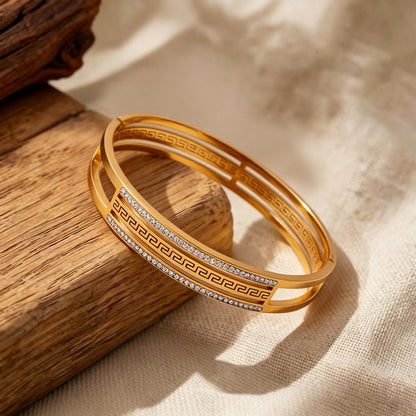 Simple Style Stripe Inlay Titanium Steel Bangle For Women In Gold