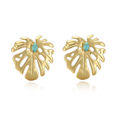 IG Style Leaf Stud Earrings With Zircon Inlay, Copper Base Featuring 18K Real Gold Water Plating