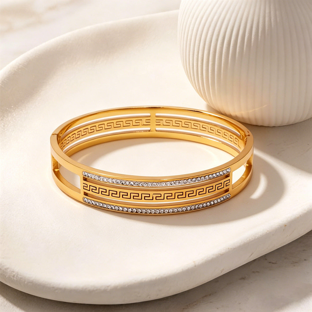 Simple Style Stripe Inlay Titanium Steel Bangle For Women In Gold