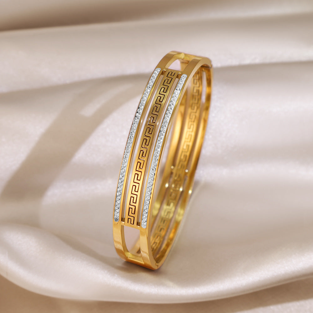 Simple Style Stripe Inlay Titanium Steel Bangle For Women In Gold