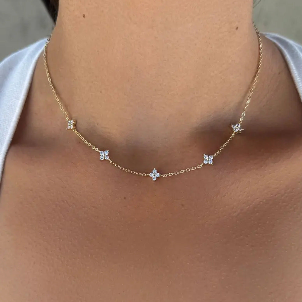Silver Alloy Flowers Necklace With Rhinestones Pendant On Cable Chain For Women