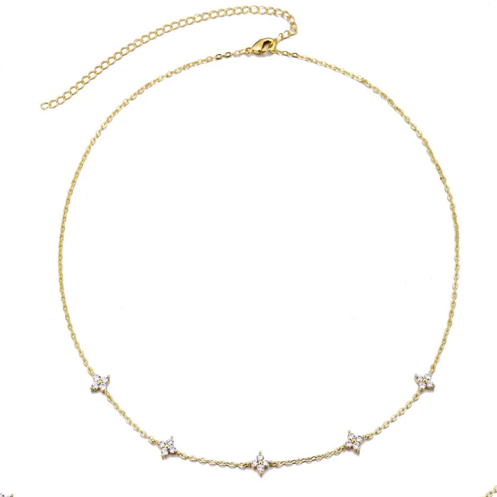 Silver Alloy Flowers Necklace With Rhinestones Pendant On Cable Chain For Women
